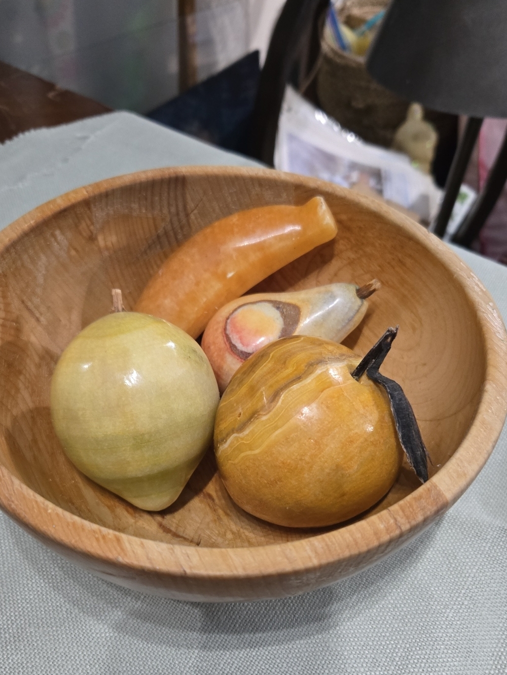 Vintage Italian Alabaster And Onxy Marble Fruit And Wooden Fruit Bowl